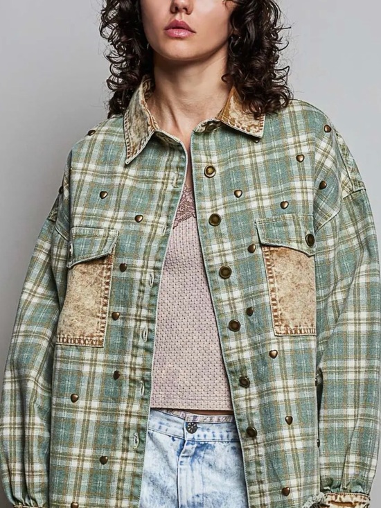 POL Jackets & Blazers - POL Heart Stud Vintage Wash Olive Green & Tan Plaid SHACKET NEW FALL WINTER
